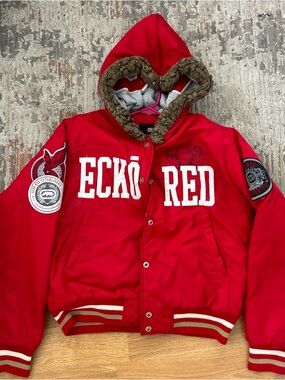 ECKŌ RED Bold Red Patchwork Varsity Jacket Vintage Y2K